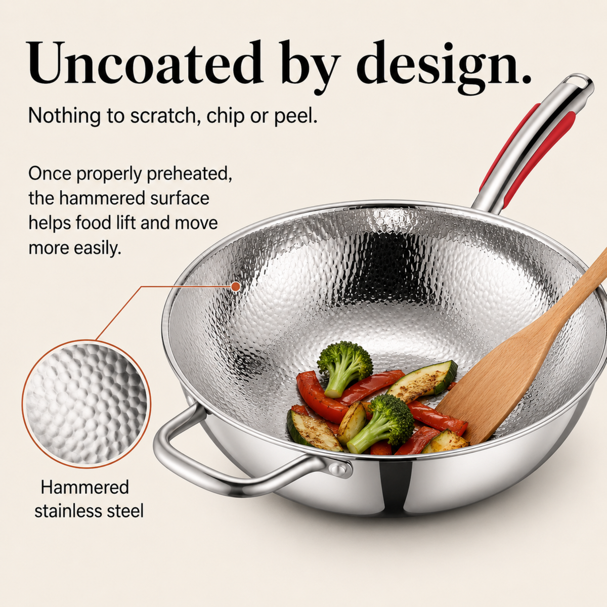 Uncoated Stainless Steel Wok